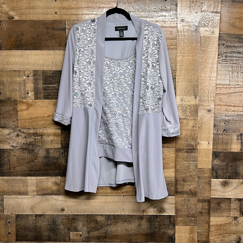R & M Richards Lace & Sequin Gray Tank with Jacket Women's Size 12